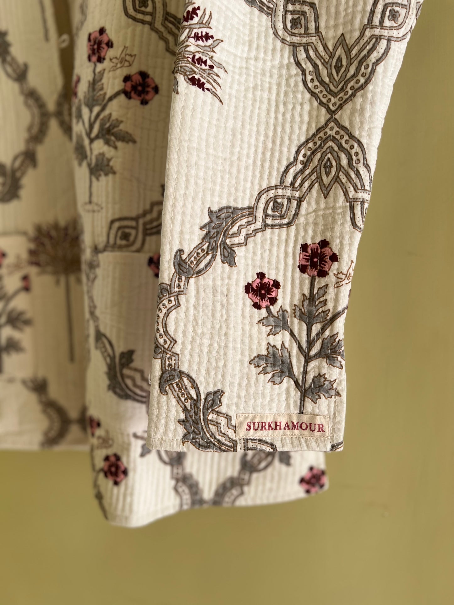 Cream Handblock Long Sleeves Kantha Jacket