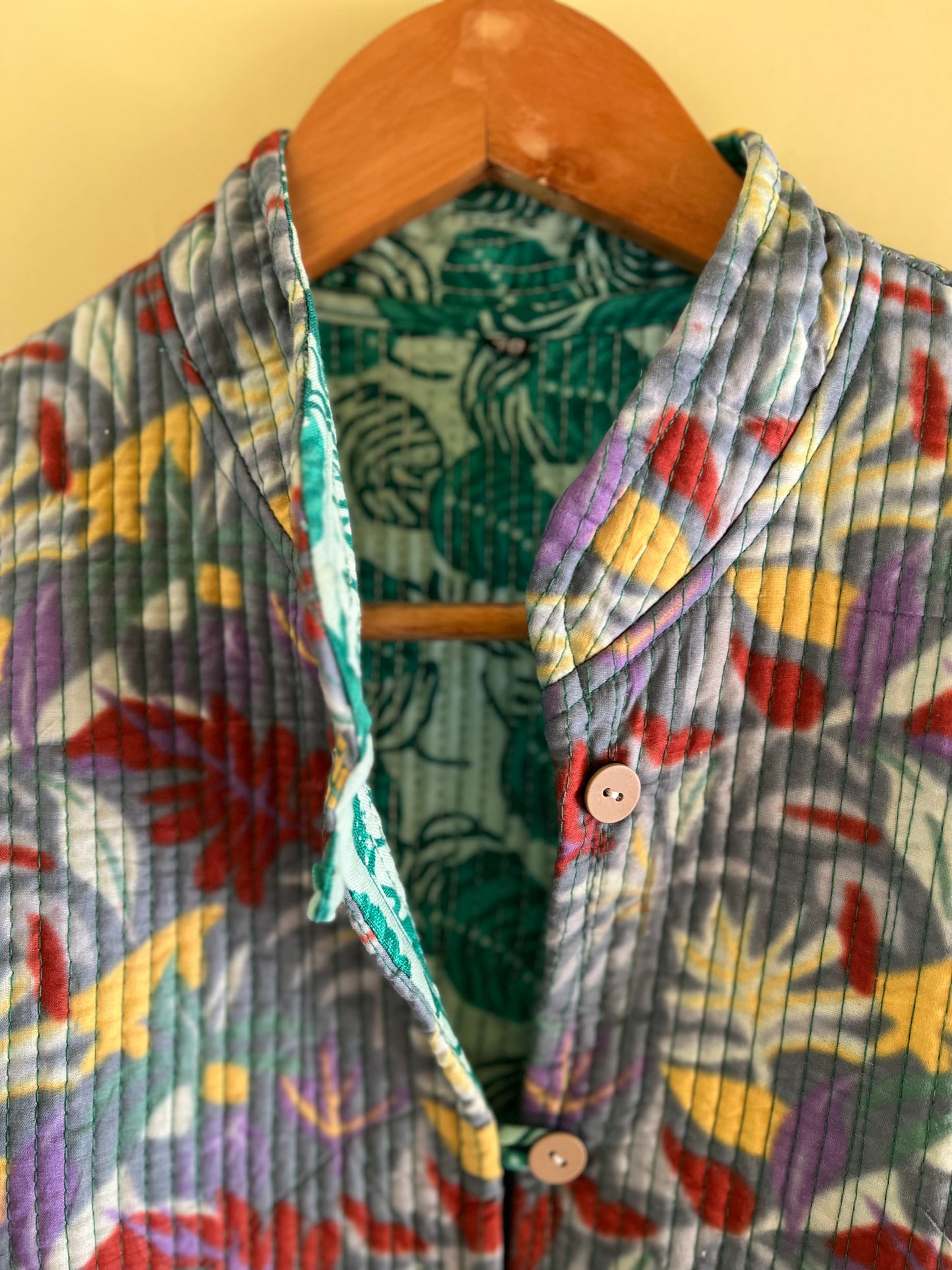 Grey Cut Sleeves Kantha Reversible Jacket