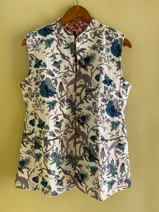 White / Blue Cut Sleeves Kantha Reversible Jacket
