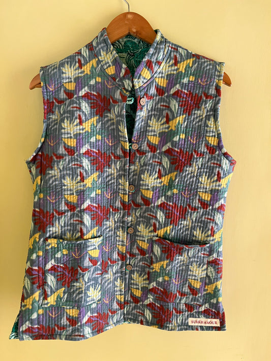 Grey Cut Sleeves Kantha Reversible Jacket