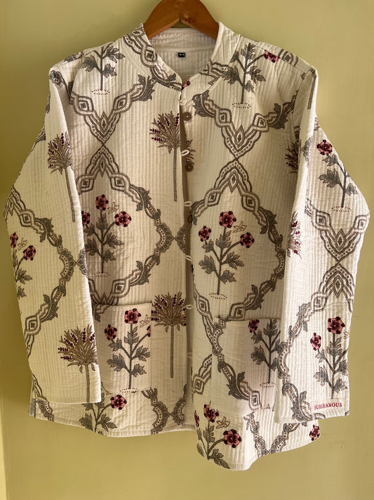 Cream Handblock Long Sleeves Kantha Jacket