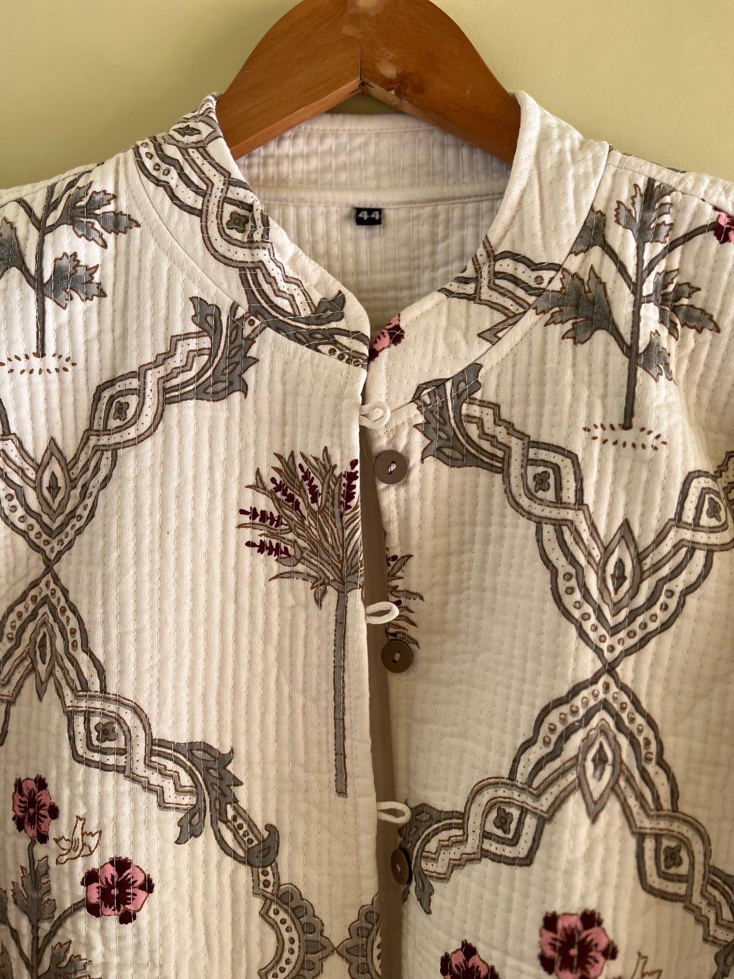 Cream Handblock Long Sleeves Kantha Jacket