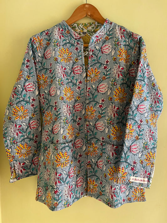 Grey Long Sleeves Kantha Reversible Jacket